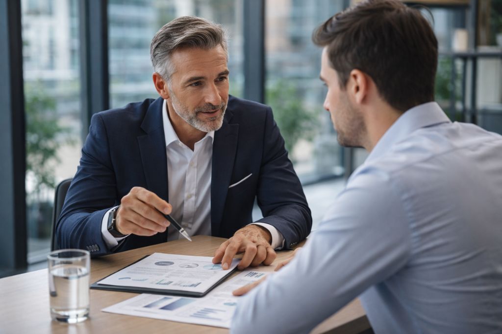 Consultor especializado em plano de saúde empresarial realizando atendimento consultivo individual com cliente