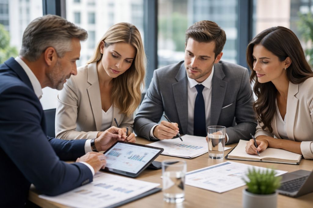 Executivos analisando plano de saúde empresarial para tomada de decisão