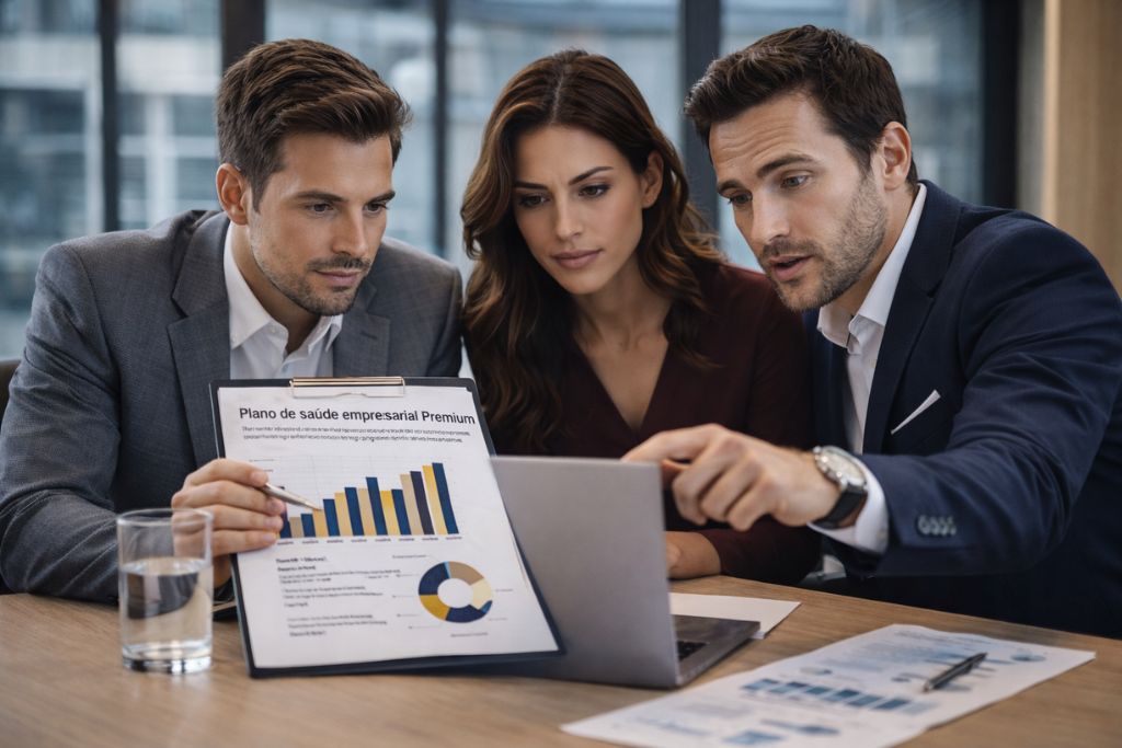 Executivos analisando plano de saúde empresarial premium