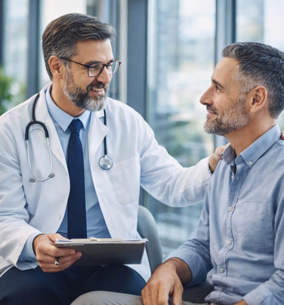 Médico atendendo paciente em ambiente sofisticado com plano de saúde empresarial premium