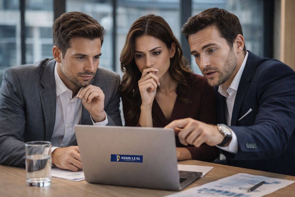 Executivos analisando dados em notebook durante tomada de decisão sobre plano de saúde empresarial